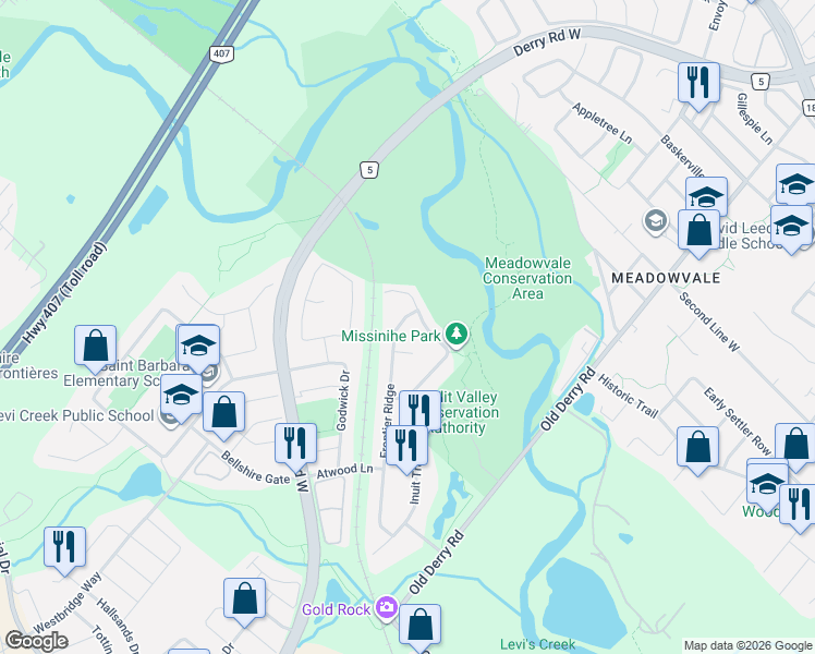 map of restaurants, bars, coffee shops, grocery stores, and more near 7298 Frontier Ridge in Mississauga