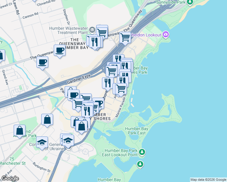 map of restaurants, bars, coffee shops, grocery stores, and more near 2143 Lake Shore Boulevard West in Toronto