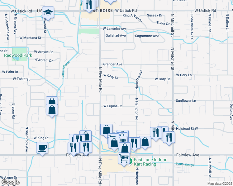 map of restaurants, bars, coffee shops, grocery stores, and more near 10424 West Poppy Street in Boise