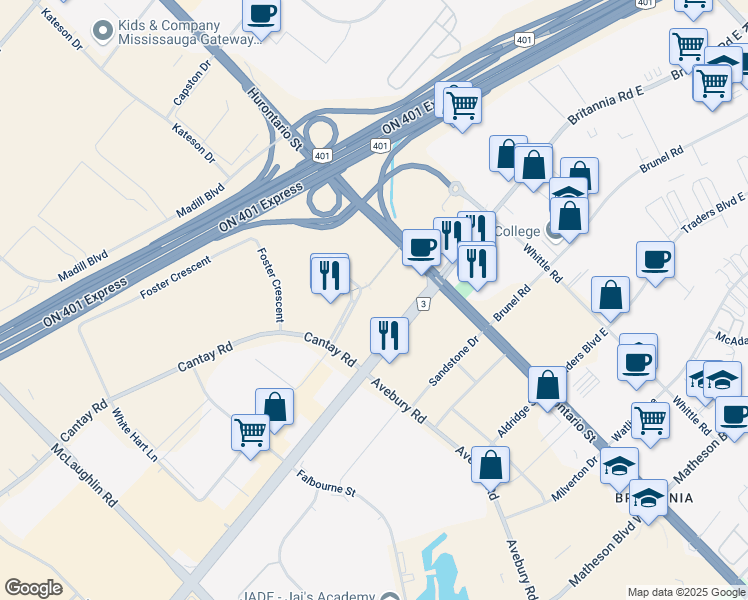 map of restaurants, bars, coffee shops, grocery stores, and more near 60 Standish Court in Mississauga