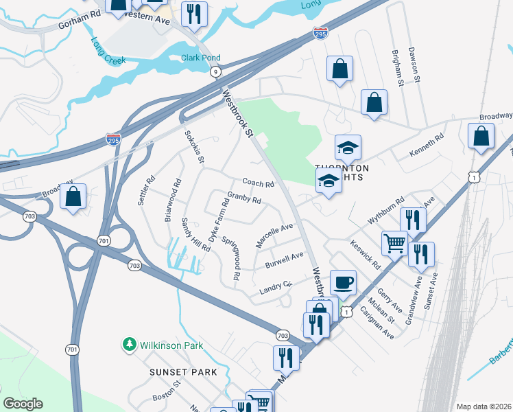 map of restaurants, bars, coffee shops, grocery stores, and more near 51 Granby Road in South Portland