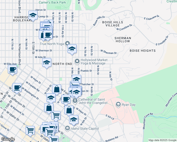 map of restaurants, bars, coffee shops, grocery stores, and more near 1310 North 7th Street in Boise