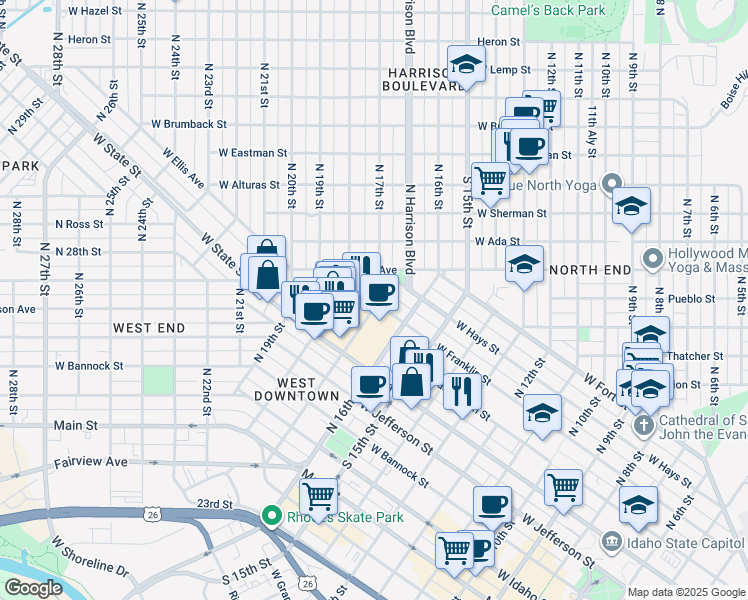 map of restaurants, bars, coffee shops, grocery stores, and more near 711 North 17th Street in Boise
