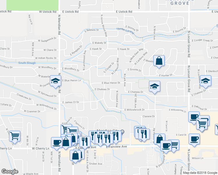 map of restaurants, bars, coffee shops, grocery stores, and more near 602 East Chateau Drive in Meridian