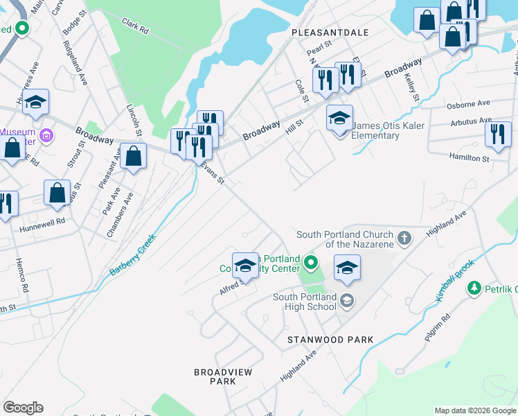 map of restaurants, bars, coffee shops, grocery stores, and more near 98 Evans Street in South Portland