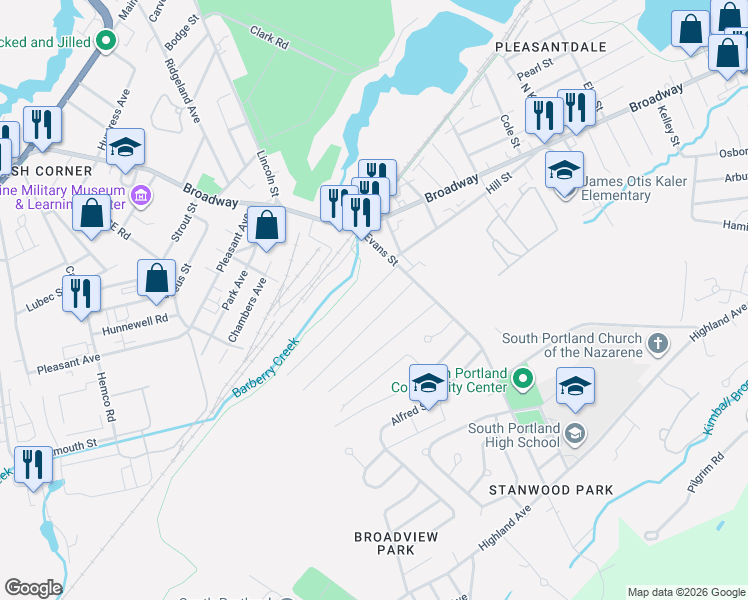 map of restaurants, bars, coffee shops, grocery stores, and more near 21 Bonnybank Terrace in South Portland