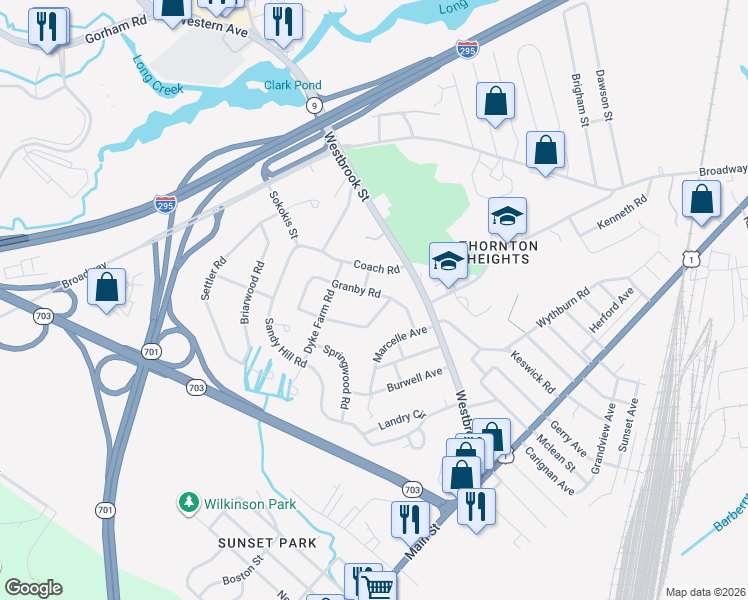 map of restaurants, bars, coffee shops, grocery stores, and more near 51 Granby Road in South Portland