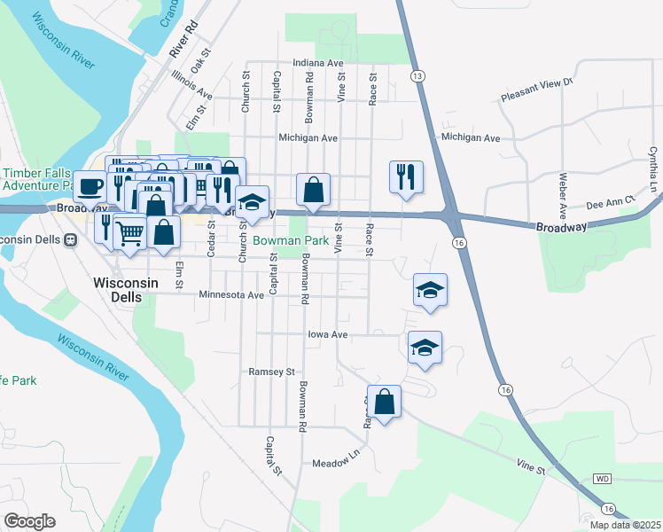 map of restaurants, bars, coffee shops, grocery stores, and more near 915 Washington Avenue in Wisconsin Dells