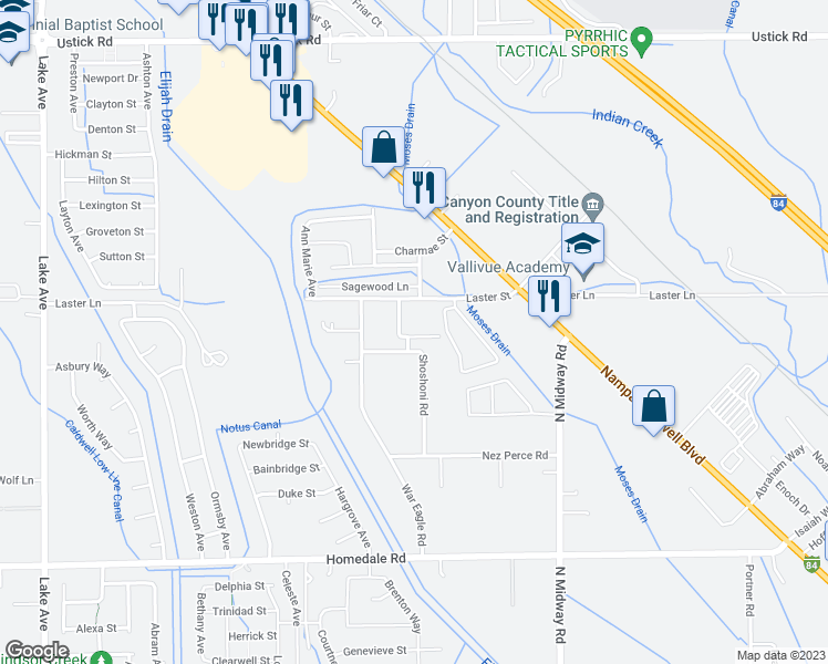 map of restaurants, bars, coffee shops, grocery stores, and more near 4811 Maid Jessica Street in Caldwell