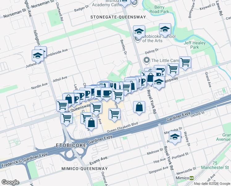 map of restaurants, bars, coffee shops, grocery stores, and more near in Toronto
