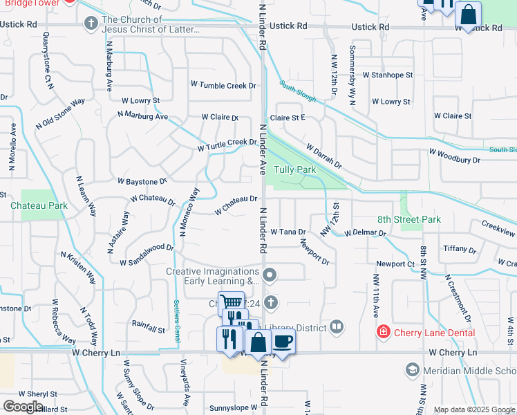 map of restaurants, bars, coffee shops, grocery stores, and more near 2316 North Linder Road in Meridian