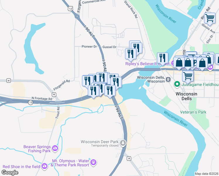 map of restaurants, bars, coffee shops, grocery stores, and more near in Wisconsin Dells