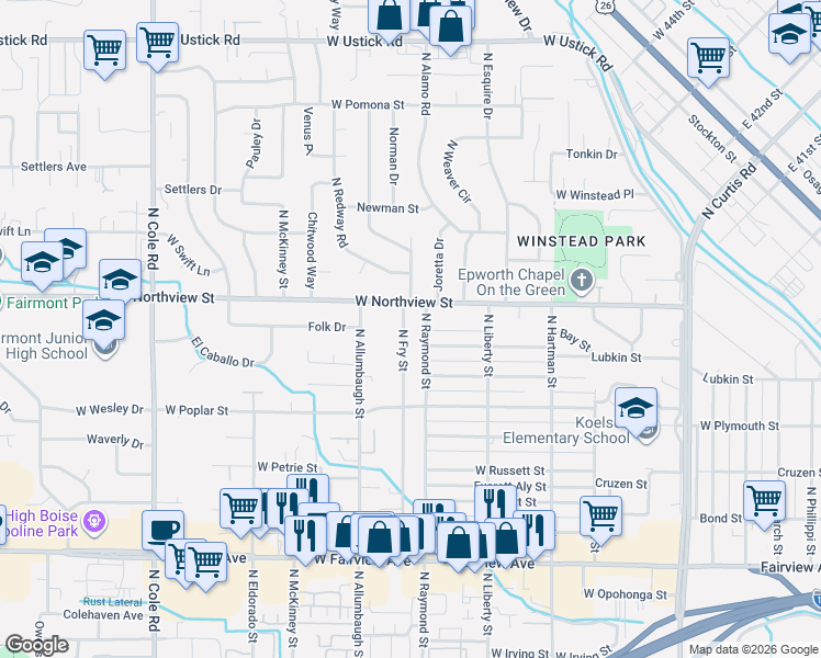 map of restaurants, bars, coffee shops, grocery stores, and more near 2321 North Raymond Street in Boise