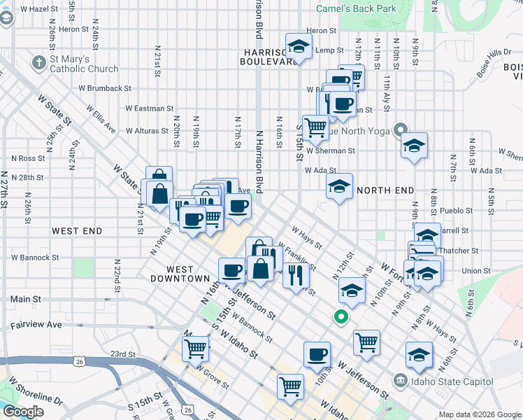 map of restaurants, bars, coffee shops, grocery stores, and more near 1603 West Hays Street in Boise