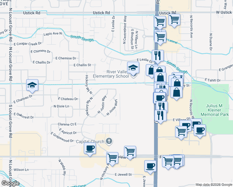 map of restaurants, bars, coffee shops, grocery stores, and more near 1917 North Chandra Way in Meridian