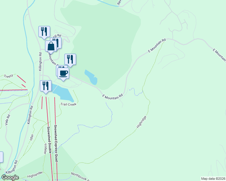 map of restaurants, bars, coffee shops, grocery stores, and more near 695 East Mountain Road in Killington