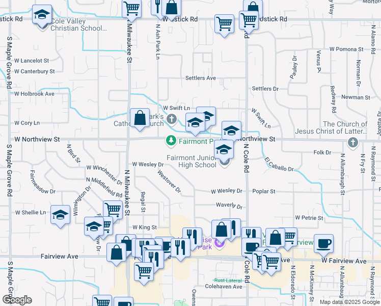map of restaurants, bars, coffee shops, grocery stores, and more near 7701 West Northview Street in Boise