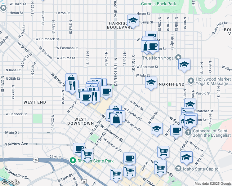 map of restaurants, bars, coffee shops, grocery stores, and more near 1605 West Hays Street in Boise