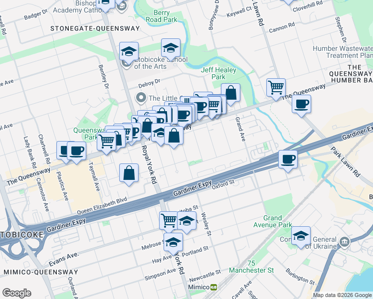map of restaurants, bars, coffee shops, grocery stores, and more near 125 Wesley Street in Toronto