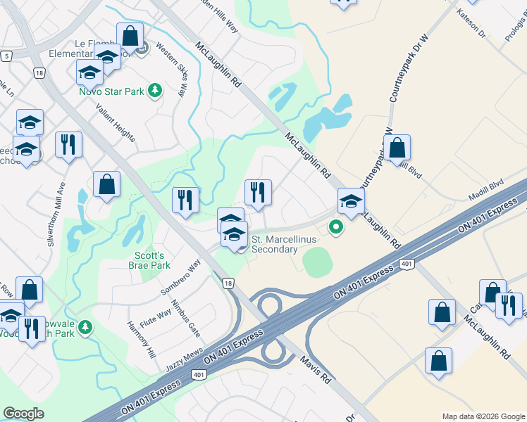 map of restaurants, bars, coffee shops, grocery stores, and more near 6399 Spinnaker Circle in Mississauga