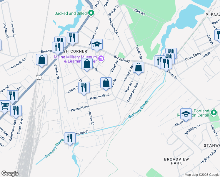 map of restaurants, bars, coffee shops, grocery stores, and more near 37 Thadeus Street in South Portland
