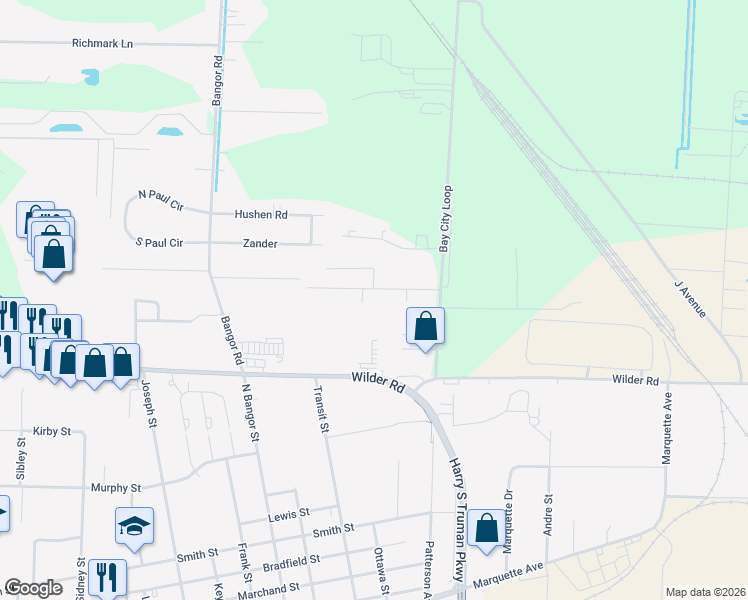 map of restaurants, bars, coffee shops, grocery stores, and more near 4436 Jean Road in Bay City
