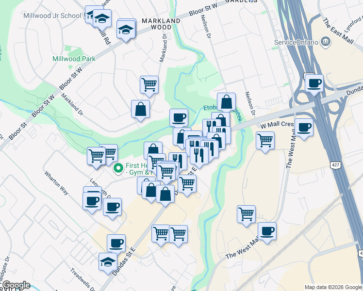 map of restaurants, bars, coffee shops, grocery stores, and more near 3045 Southcreek Road in Mississauga