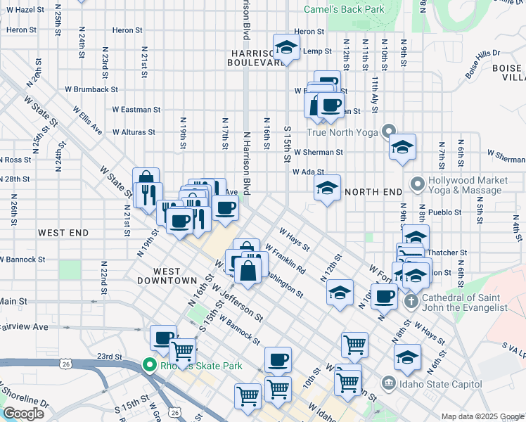 map of restaurants, bars, coffee shops, grocery stores, and more near 1606 West Hays Street in Boise