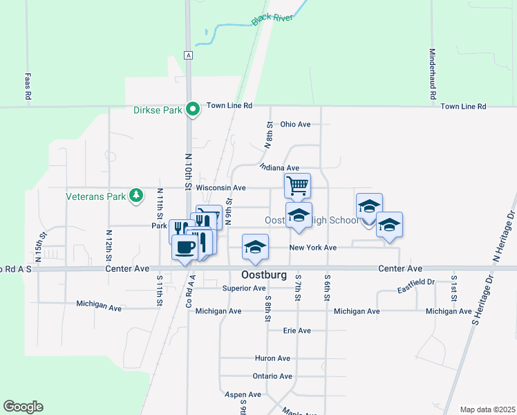map of restaurants, bars, coffee shops, grocery stores, and more near 840 Illinois Avenue in Oostburg