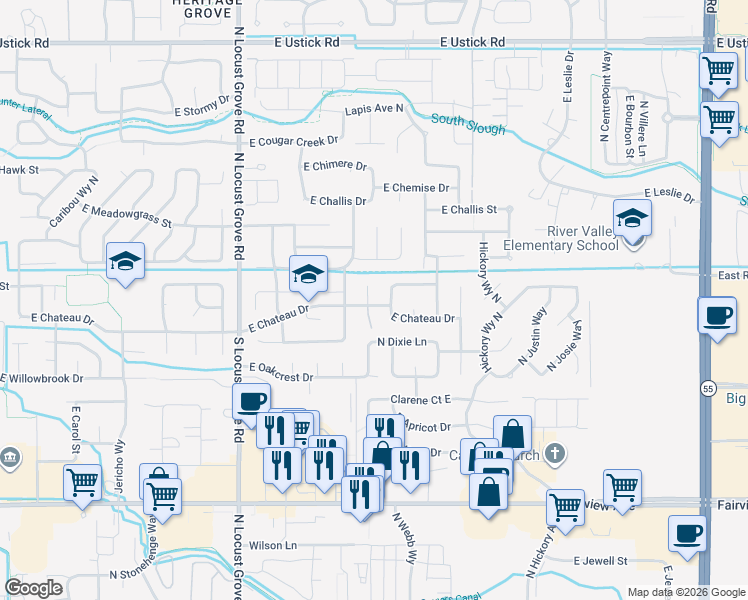 map of restaurants, bars, coffee shops, grocery stores, and more near 2122 East Katelyn Drive in Meridian