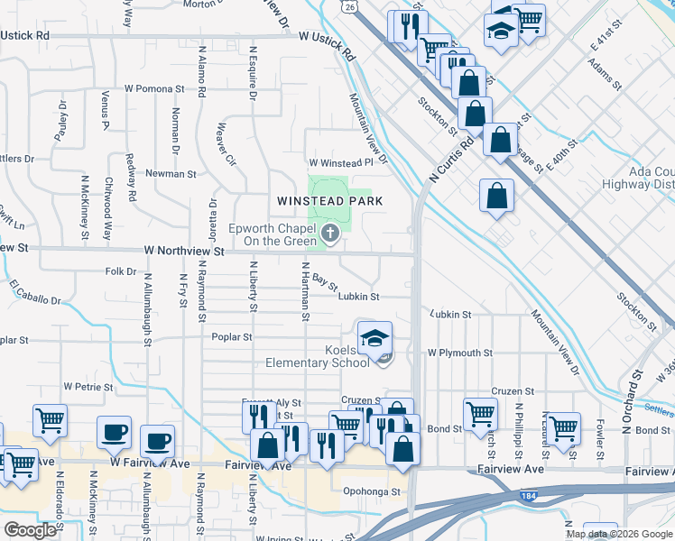 map of restaurants, bars, coffee shops, grocery stores, and more near 6025 Chestnut Drive in Boise