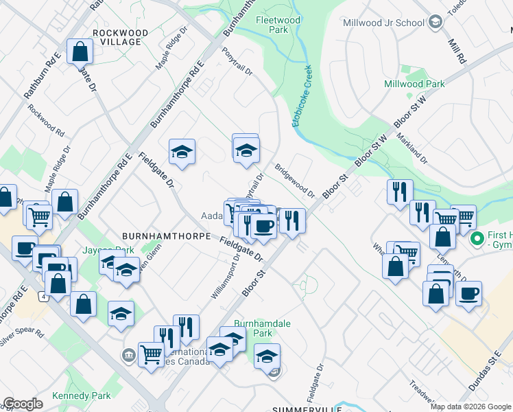 map of restaurants, bars, coffee shops, grocery stores, and more near 3375 Ponytrail Drive in Mississauga