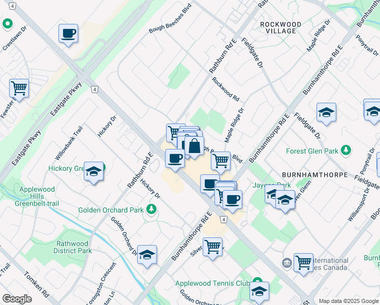 map of restaurants, bars, coffee shops, grocery stores, and more near 4141 Dixie Road in Mississauga