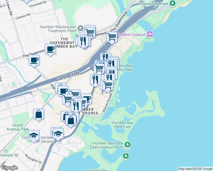 map of restaurants, bars, coffee shops, grocery stores, and more near 39 Annie Craig Drive in Toronto
