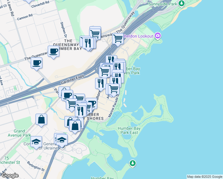map of restaurants, bars, coffee shops, grocery stores, and more near 39 Annie Craig Drive in Toronto