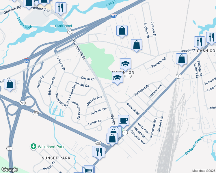 map of restaurants, bars, coffee shops, grocery stores, and more near 180 Wescott Road in South Portland