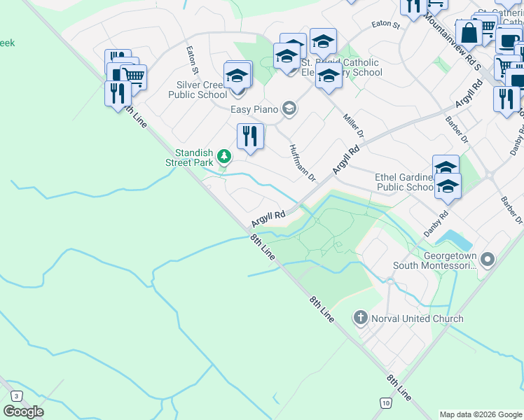 map of restaurants, bars, coffee shops, grocery stores, and more near 5 Early Street in Halton Hills