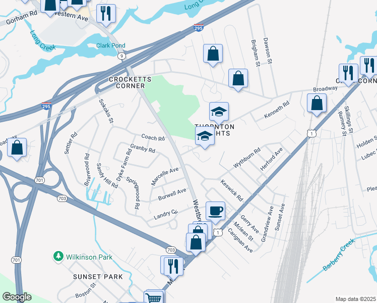 map of restaurants, bars, coffee shops, grocery stores, and more near 180 Wescott Road in South Portland
