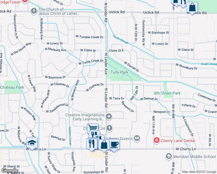 map of restaurants, bars, coffee shops, grocery stores, and more near 2316 North Linder Road in Meridian
