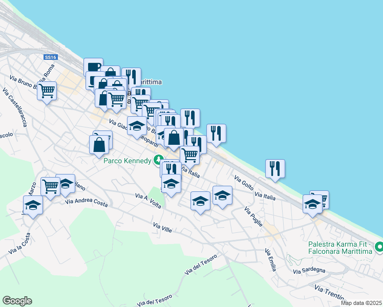 map of restaurants, bars, coffee shops, grocery stores, and more near in Falconara Marittima