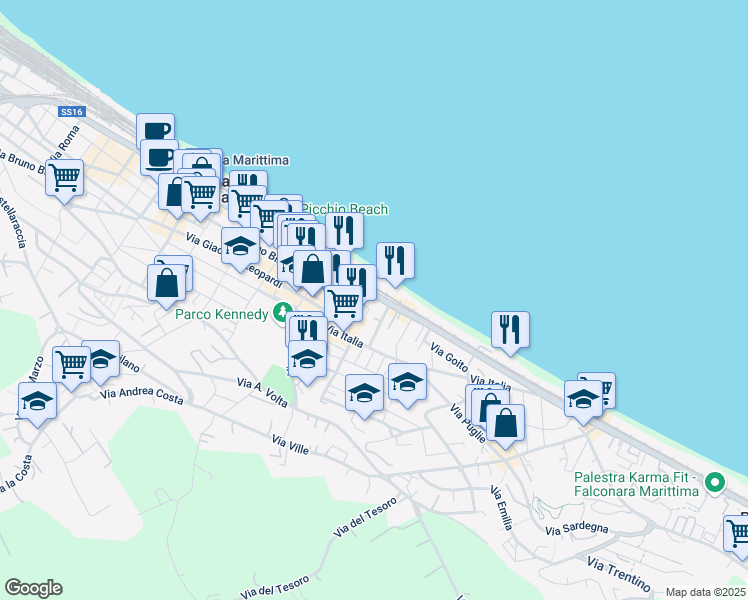 map of restaurants, bars, coffee shops, grocery stores, and more near 451-454 Via Flaminia in Falconara Marittima