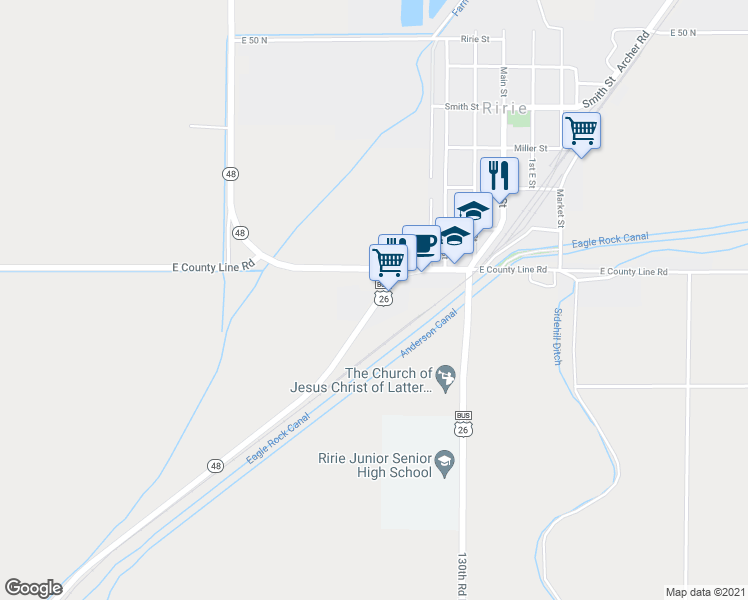 map of restaurants, bars, coffee shops, grocery stores, and more near 360 West Ririe Highway in Ririe