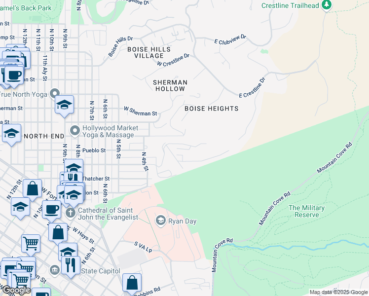 map of restaurants, bars, coffee shops, grocery stores, and more near 108 Rainier Lane in Boise