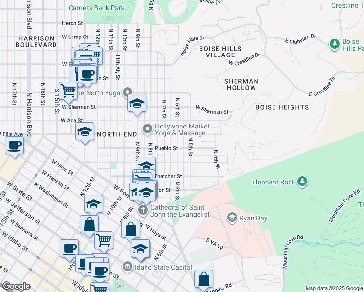 map of restaurants, bars, coffee shops, grocery stores, and more near 506 Pueblo Street in Boise