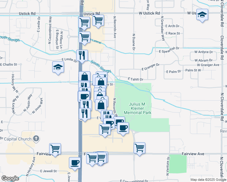 map of restaurants, bars, coffee shops, grocery stores, and more near 3400 East River Valley Street in Meridian