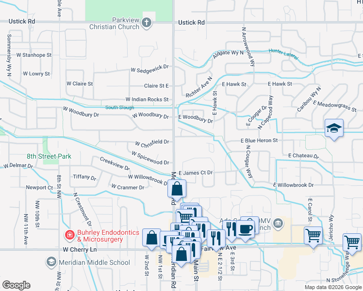 map of restaurants, bars, coffee shops, grocery stores, and more near 51 East Blue Heron Lane in Meridian