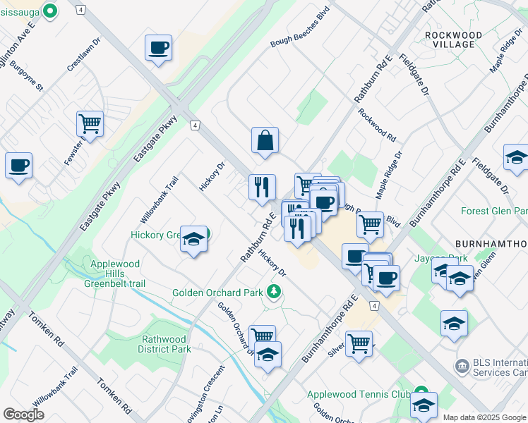 map of restaurants, bars, coffee shops, grocery stores, and more near 1359 Rathburn Road East in Mississauga