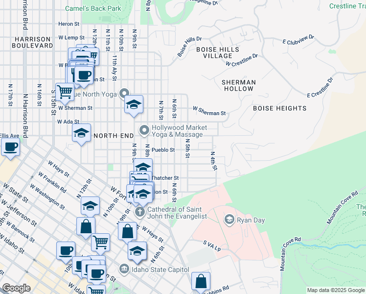 map of restaurants, bars, coffee shops, grocery stores, and more near 506 Pueblo St in Boise