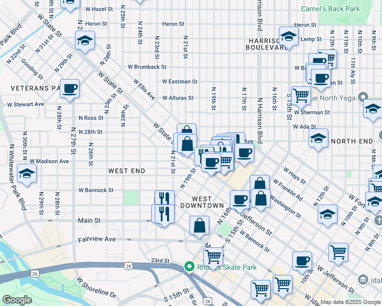 map of restaurants, bars, coffee shops, grocery stores, and more near 1918 West State Street in Boise