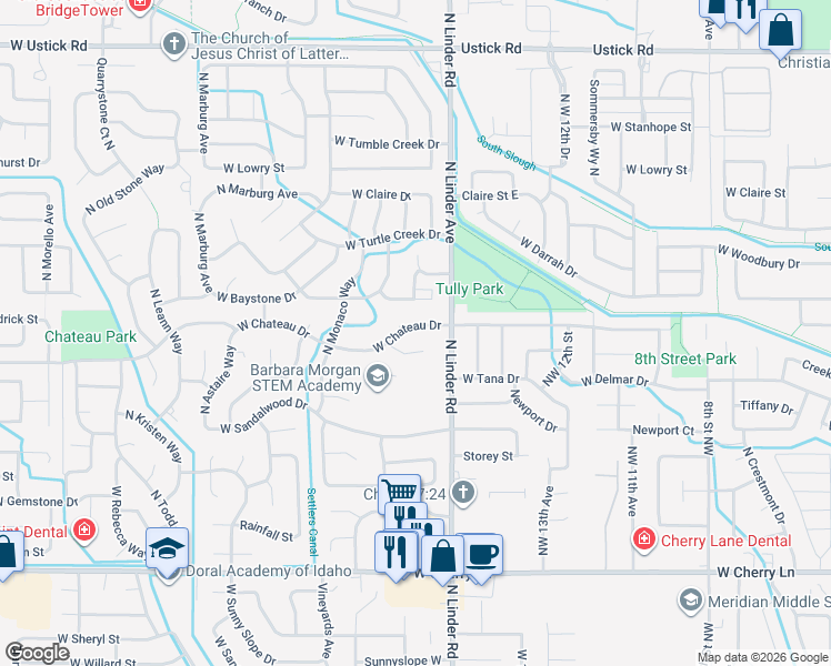 map of restaurants, bars, coffee shops, grocery stores, and more near 1711 West Chateau Drive in Meridian